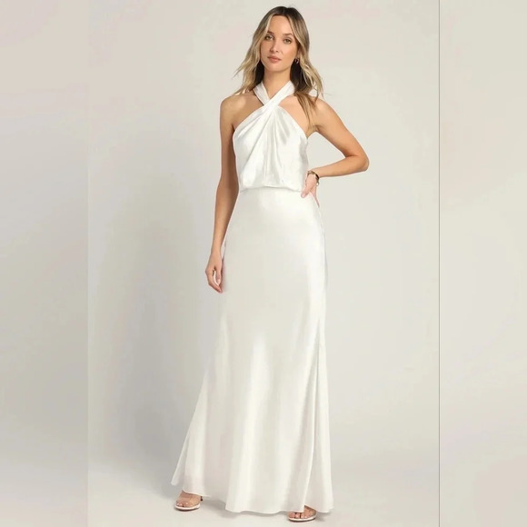 Lulu's Halter White Satin Halter Neck Twist-Front Maxi Dress Wedding Bridal - Picture 2 of 14